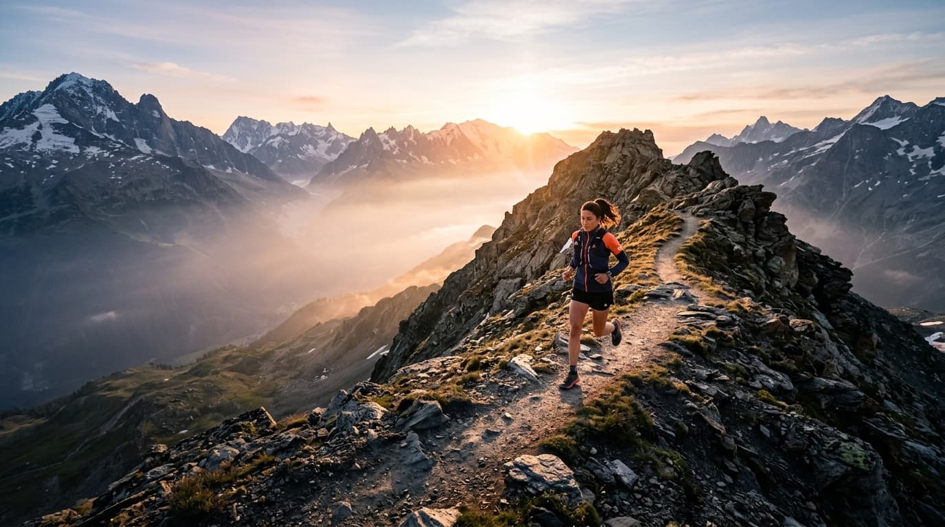 Trail running in the mountains at sunrise